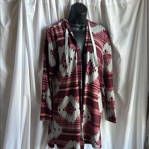 Rue21 Burgundy and White Aztec Patterned Long Hooded Cardigan